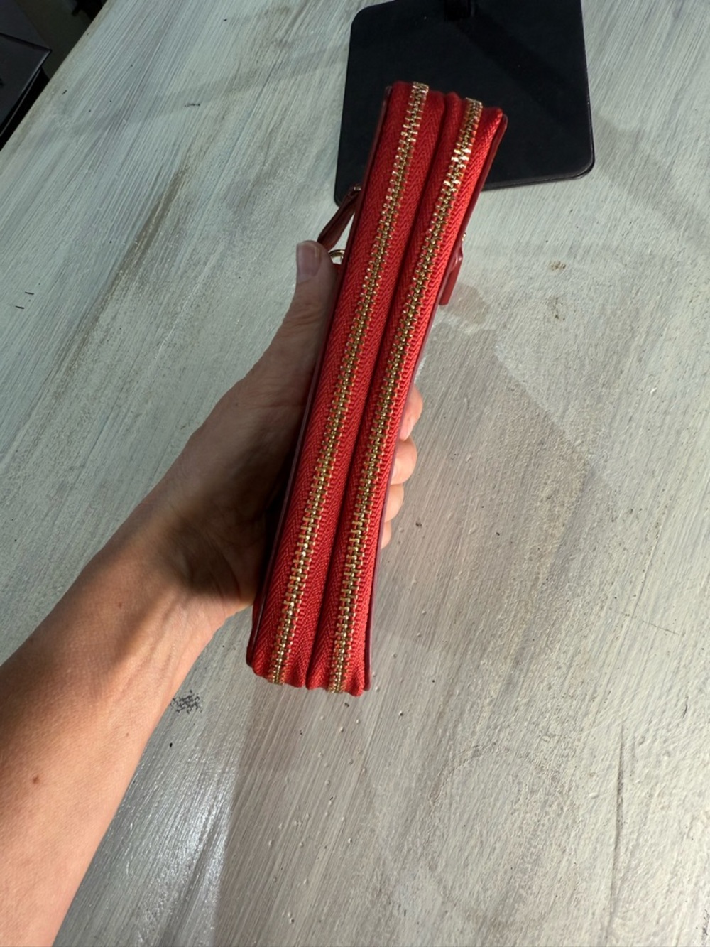 Coach Brown Double Zip Wallet with Red Signature Stripe Accent - Picture 5 of 14